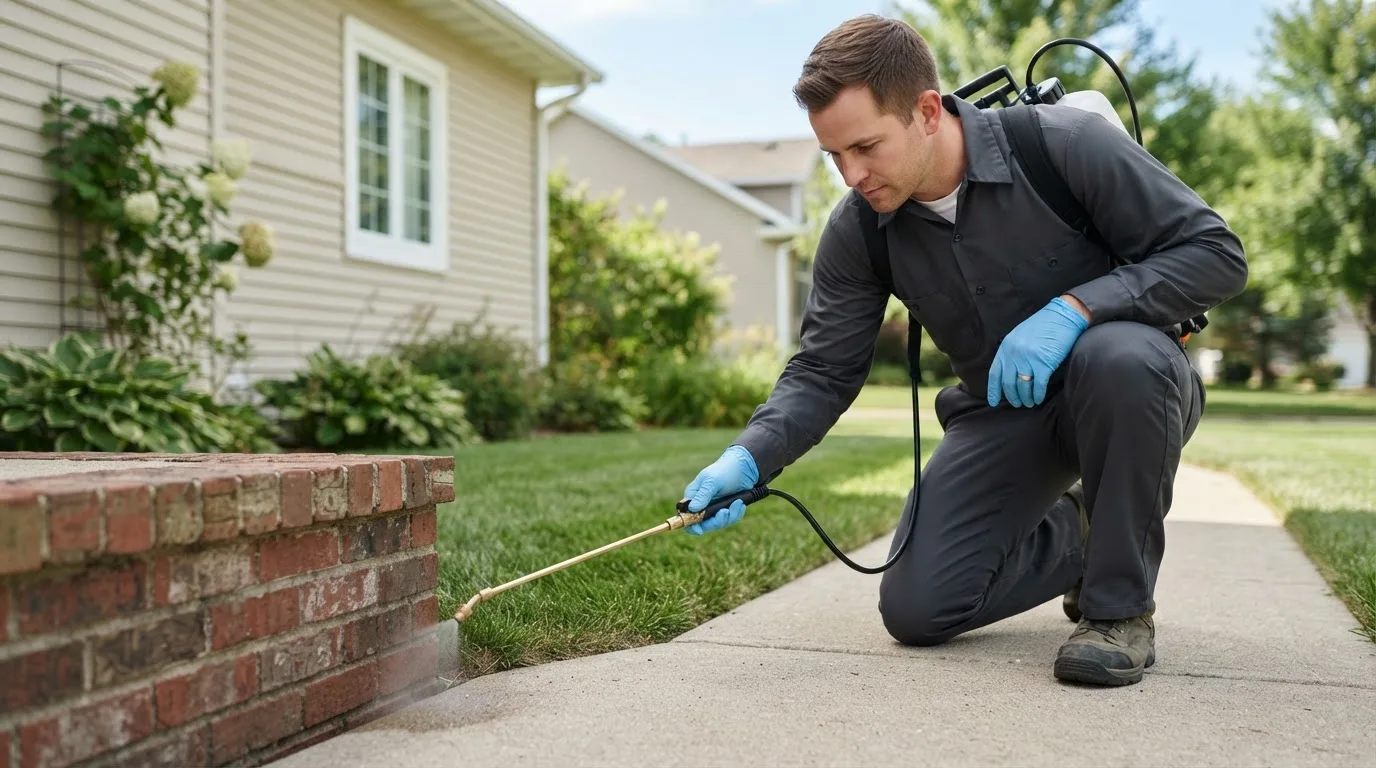 Pest control technician treating a home near Pleasant Hill, MO