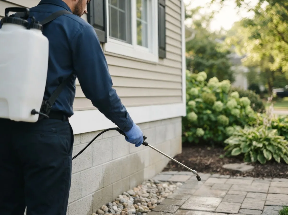 Pest control technician inspecting a home in Pleasant Hill, MO